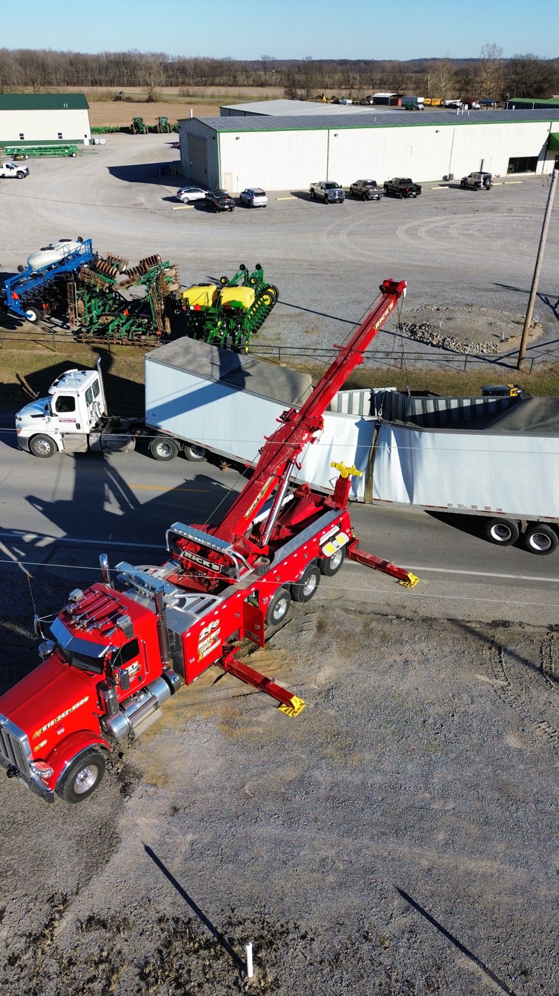 Rick's Towing Century 1075 rotator crane — aerial view of heavy recovery operation